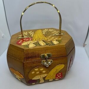 unique Vtg 70s impasto 3D painted mushrooms wooden purse brass hardware signed